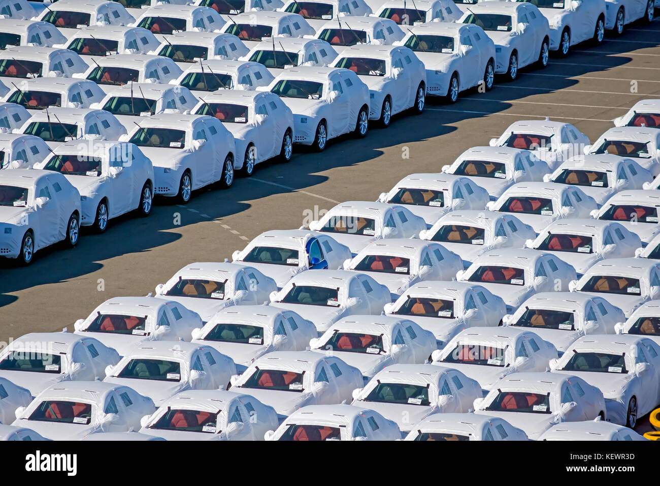 Above columns of white autos that all look alike. Stock Photo