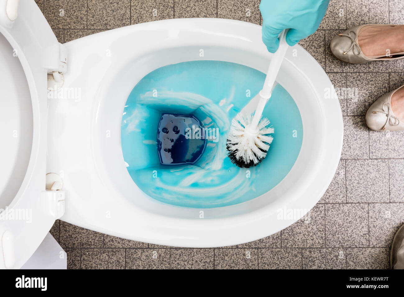 High Angle View Of A Person Cleans A Bathroom Toilet With A Scrub Brush Stock Photo