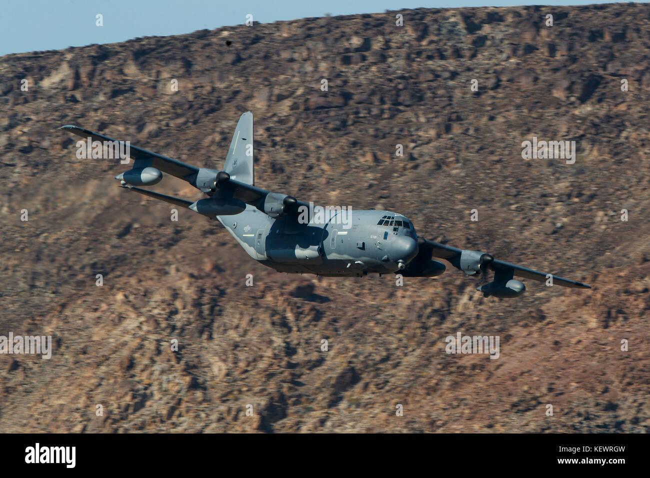 United States Air Force Lockheed HC-130J Combat King II from the 79th Rescue Squadron, Davis-Monthan Air Force Base, flies low level on the Jedi Transition through Star Wars Canyon / Rainbow Canyon, Death Valley National Park, Panamint Springs, California, United States of America Stock Photo