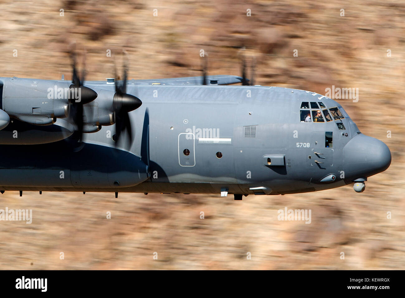 United States Air Force Lockheed HC-130J Combat King II from the 79th Rescue Squadron, Davis-Monthan Air Force Base, flies low level on the Jedi Transition through Star Wars Canyon / Rainbow Canyon, Death Valley National Park, Panamint Springs, California, United States of America Stock Photo