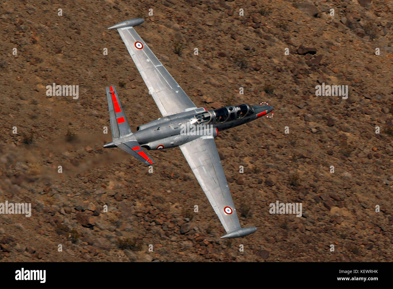 Fouga CM-170 Magister (N315MB) flies low level on the Jedi Transition through Star Wars Canyon / Rainbow Canyon, Death Valley National Park, Panamint Springs, California, United States of America Stock Photo