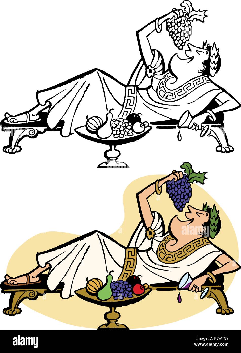 A roman emperor relaxes on a chaise and feeds himself grapes Stock Vector