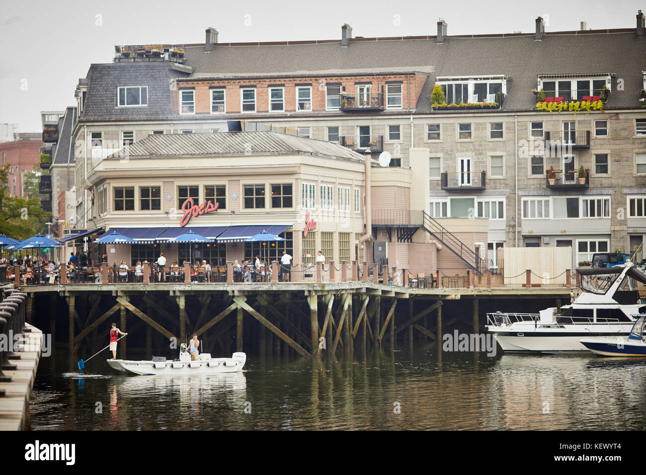 Boston Massachusetts New England North America USA ,  waterfront  Joe's American Bar & Grill on the harbour marina Stock Photo