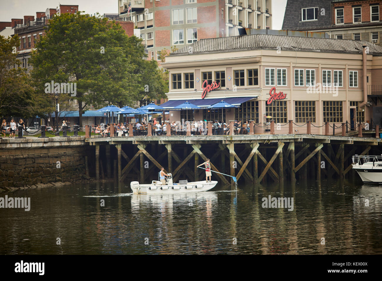 Boston Massachusetts New England North America USA ,  waterfront  Joe's American Bar & Grill on the harbour marina Stock Photo