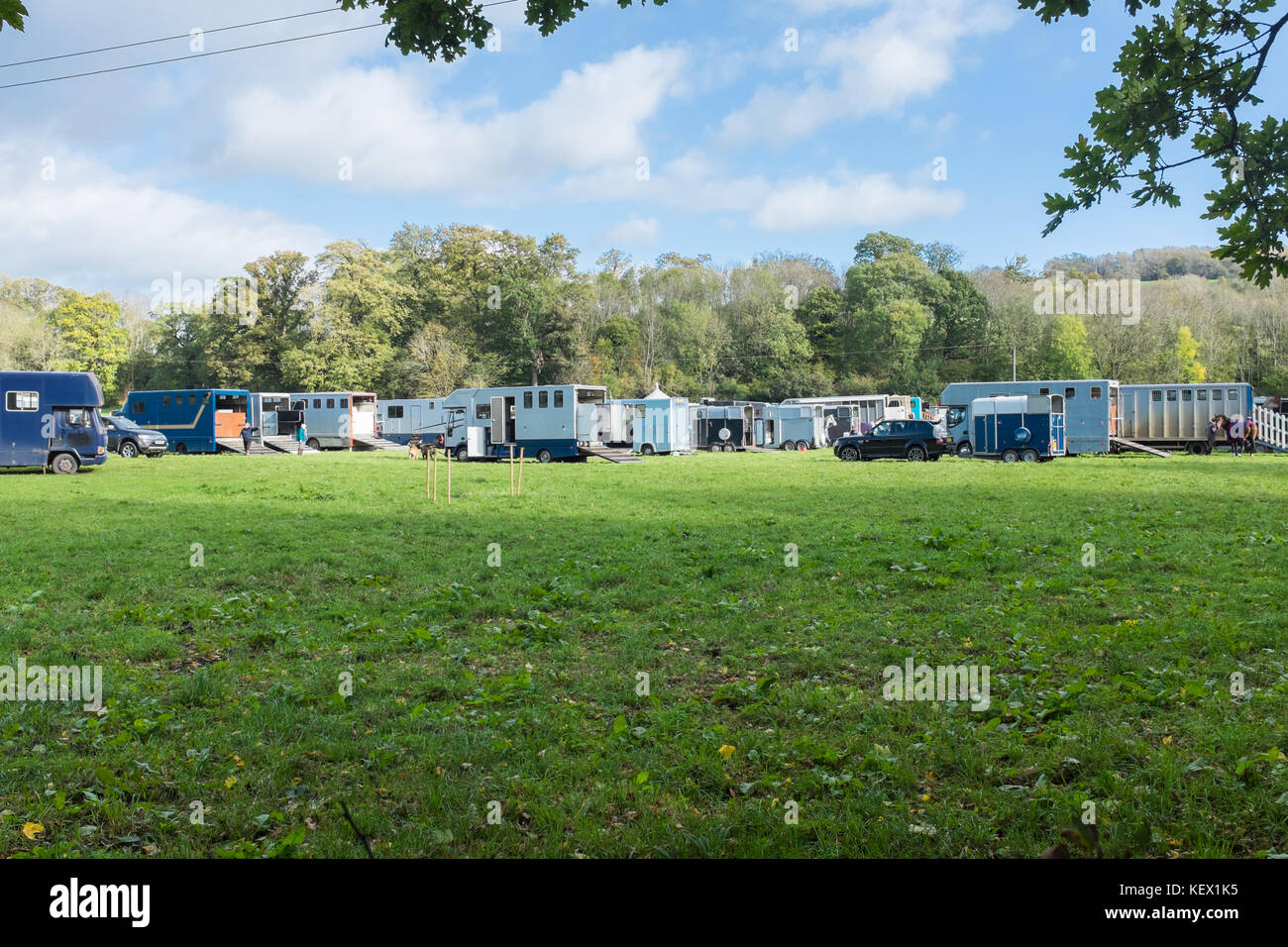 Horse boxes parked at the Broadway Horse Trials at the Cotswold village of Broadway in Worcestershire, UK Stock Photo