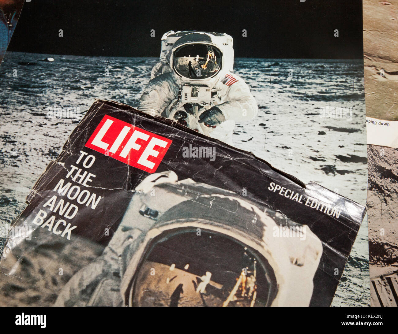 Life Magazine  article on America's Moon Landing 1969, Man on the Moon with Mission commander Neil Armstrong and pilot Buzz Aldrin Stock Photo