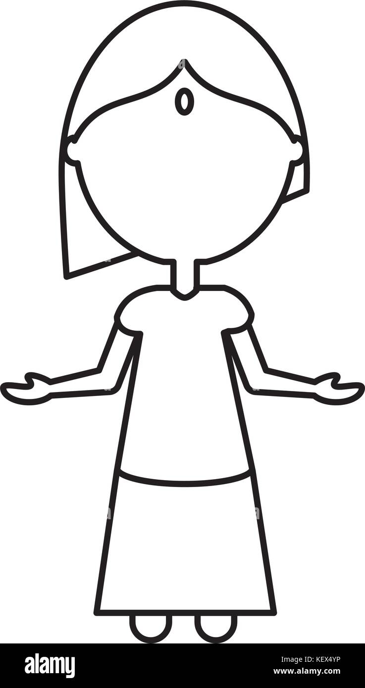 Flat Line Uncolored Woman With Open Arms Over White Background Vector 