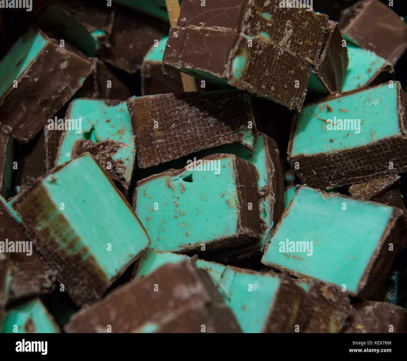 Delicious chunks of homemade peppermint chocolate sweets on display in