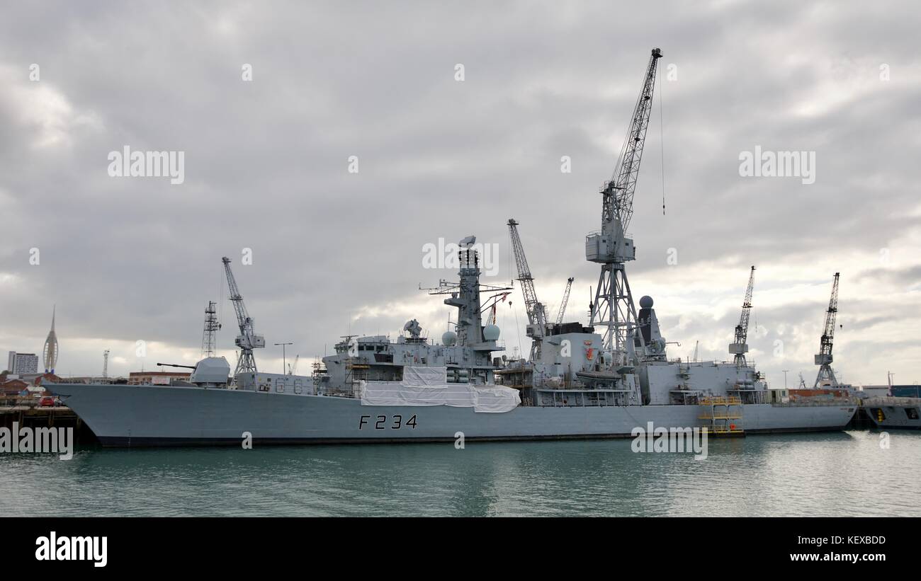 HMS Iron Duke (F234) docked at Portsmouth Navel Dockyard Stock Photo