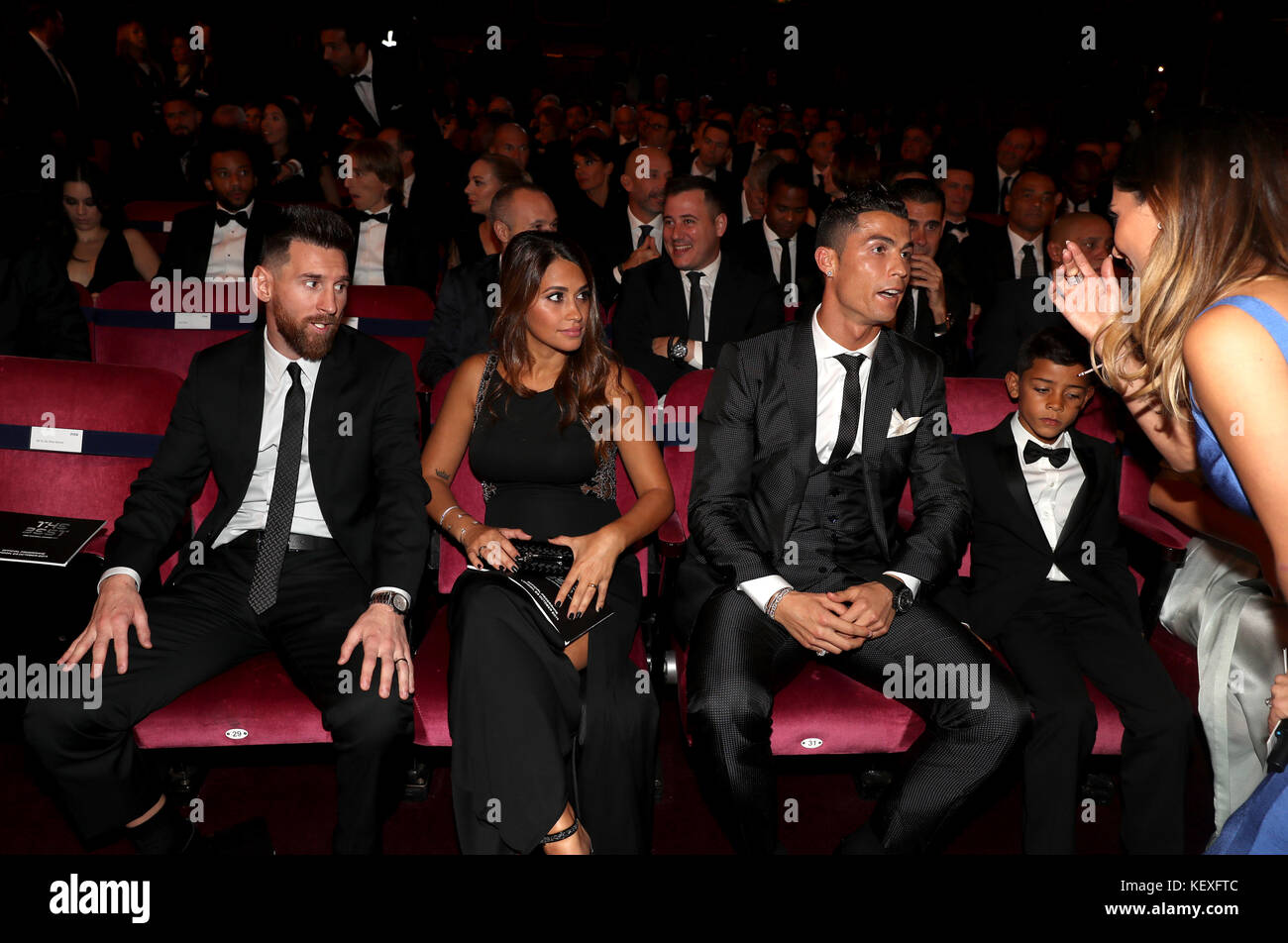 (left to right) Lionel Messi, Antonella Roccuzzo, Cristiano Ronaldo and Cristiano Ronaldo Jr during the Best FIFA Football Awards 2017 at the Palladium Theatre, London. Stock Photo