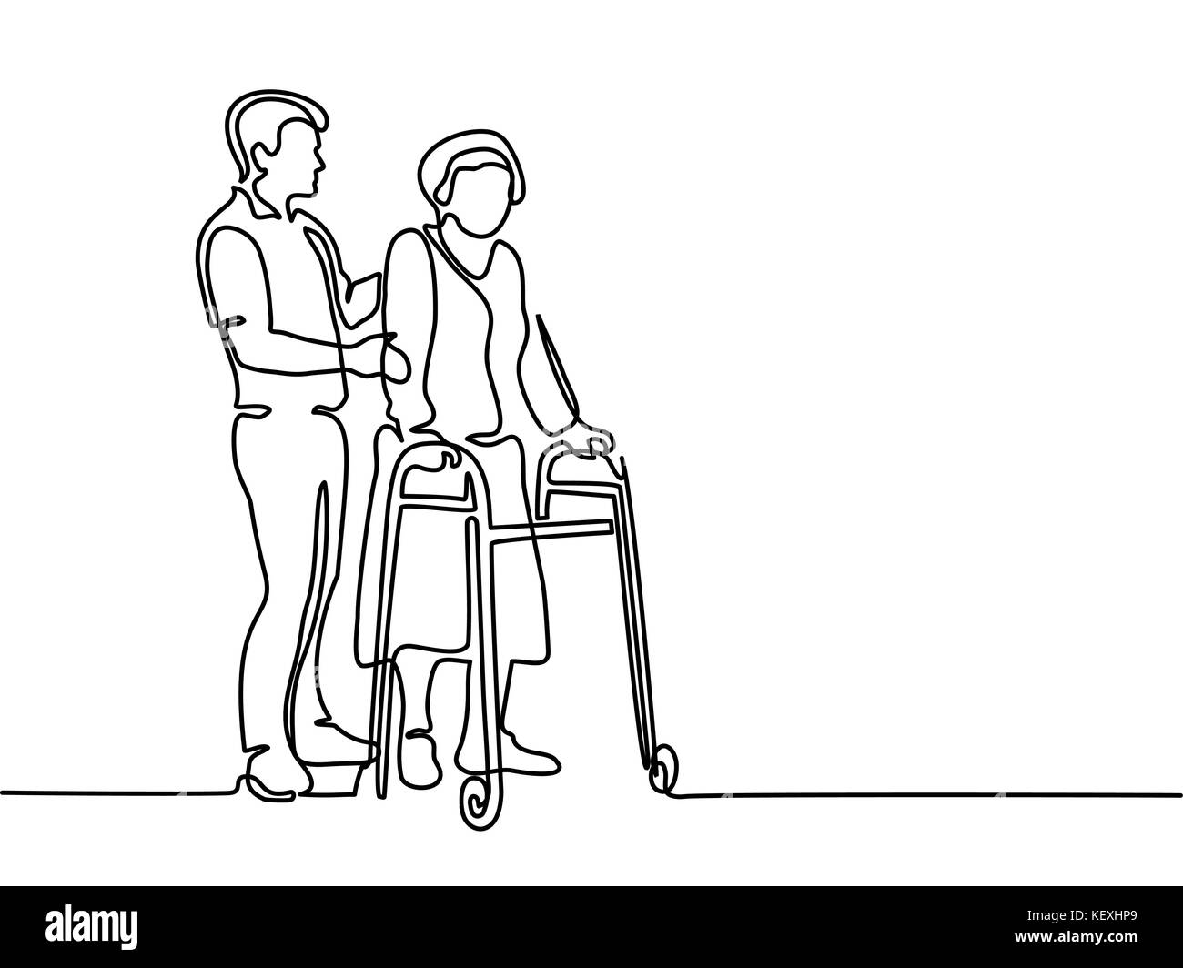 Young man help old woman using a walking frame Stock Vector