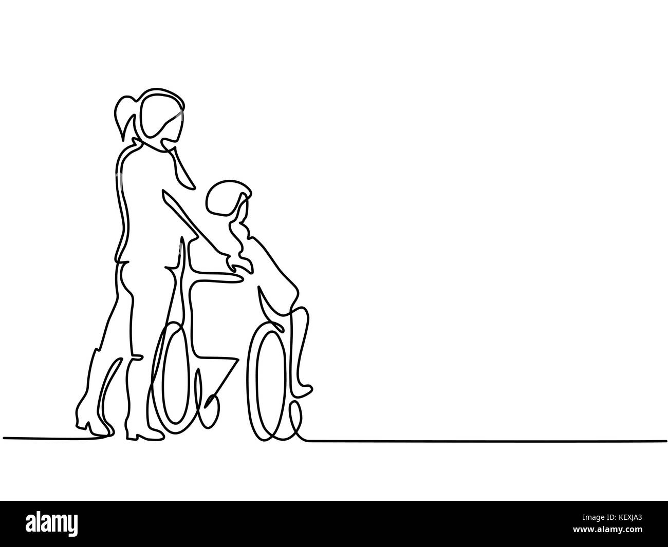 Young woman push the old man on wheelchair. Stock Vector