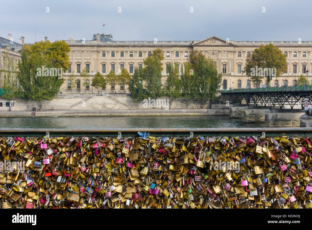 Photograph of love padlocks at Pont des Arts pedestrian bridge, Paris