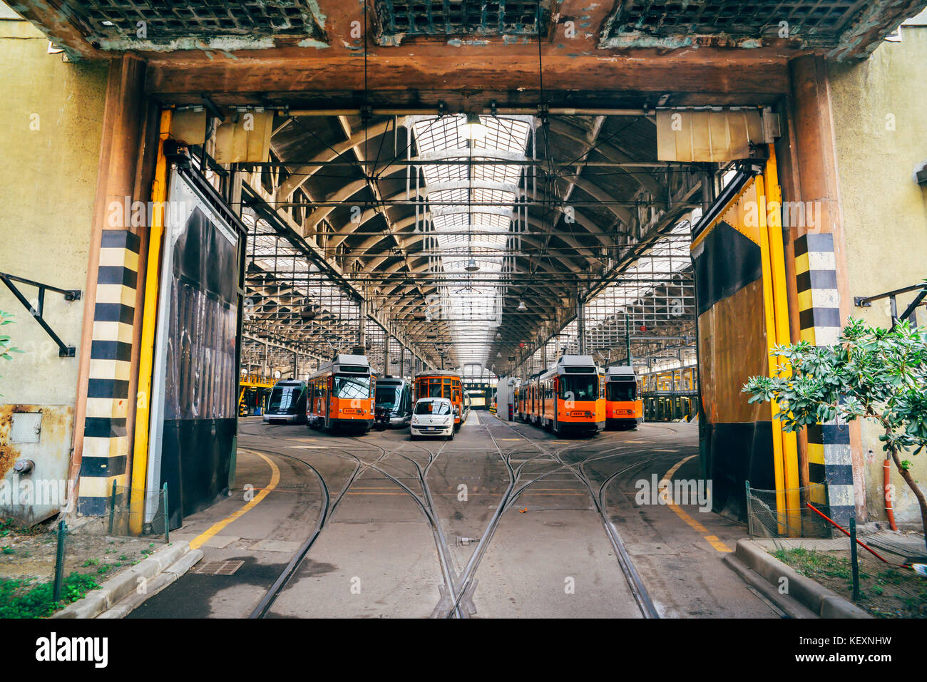 Tram depot in Milan, Italy Stock Photo