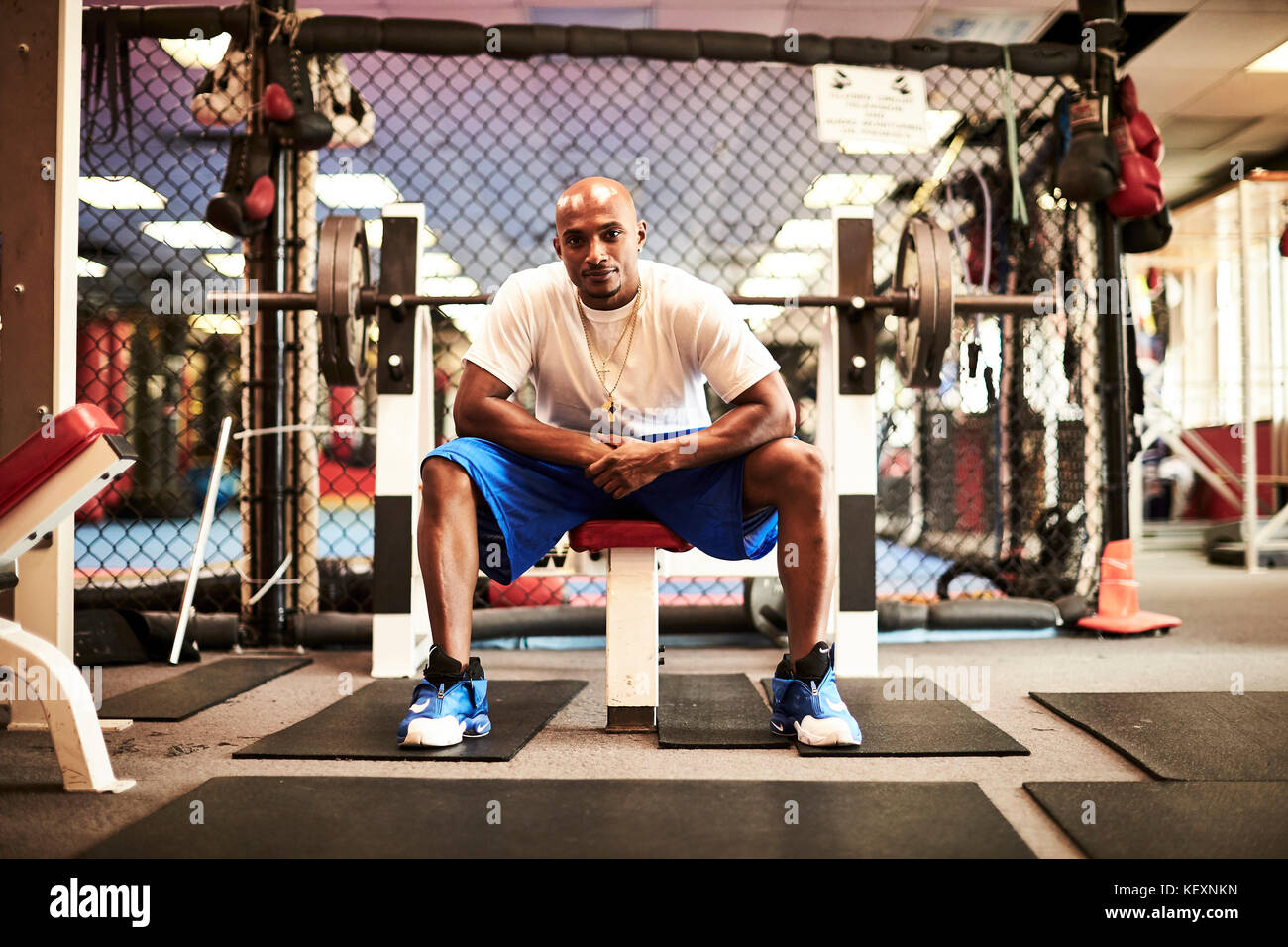 Portrait of male athlete sitting on exercise bench in gym, Taunton, Massachusetts, USA Stock Photo