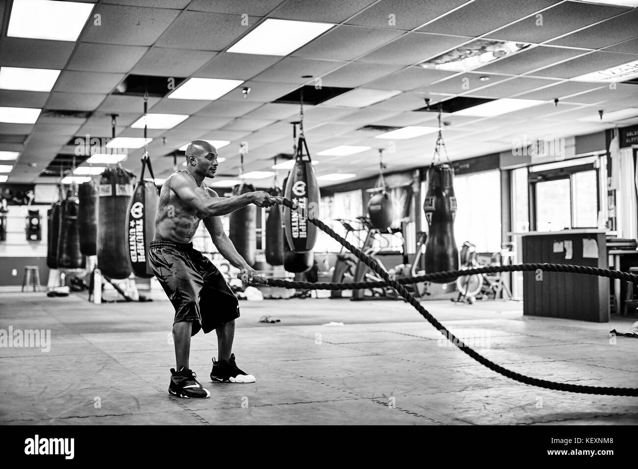 Shirtless athlete training in gym with battle ropes, Taunton