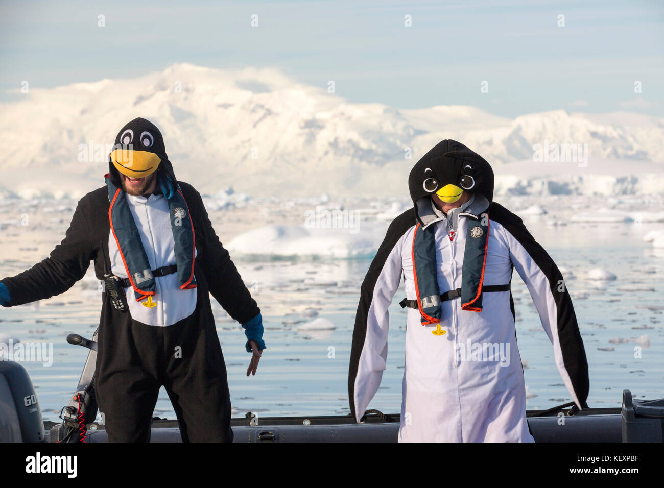 Crew members of an expedition cruise to Antarctica in a Zodiak in Fournier Bay in the Gerlache Strait on the Antarctic peninsula, dressed up as penguins. The Antarctic peninsula is one of the most rapidly warming areas on the planet. Stock Photo