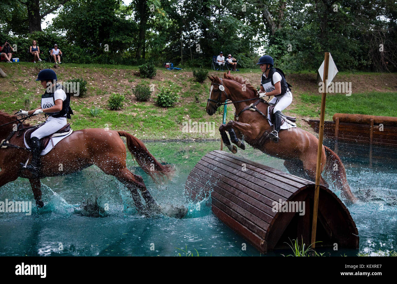 Photograph with equestrian jumping on horse during cross-country competition, Purcellville, Virginia, USA Stock Photo