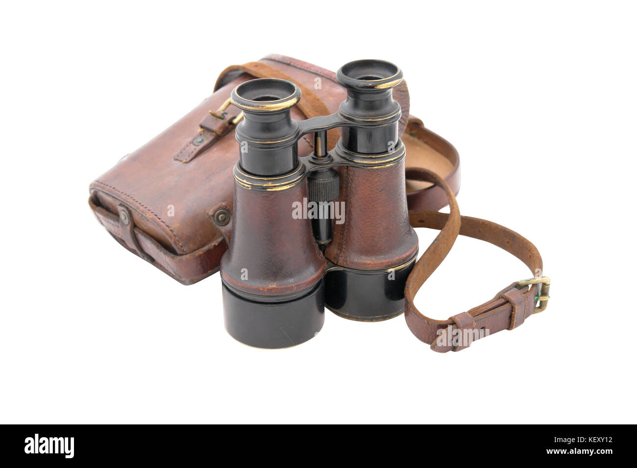 French binocular of 19 century with leather box. Was popular both by French civilian and the military. With path on white background. Used in WWI. Stock Photo