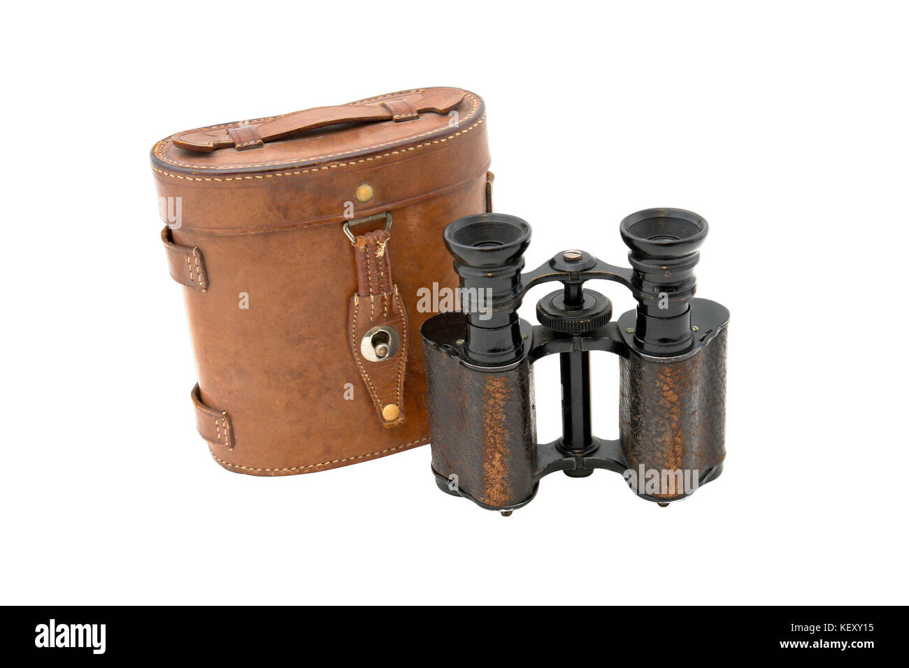 British army field binocular of 19th century. With path on white background. Used in WWI, WWII. Stock Photo