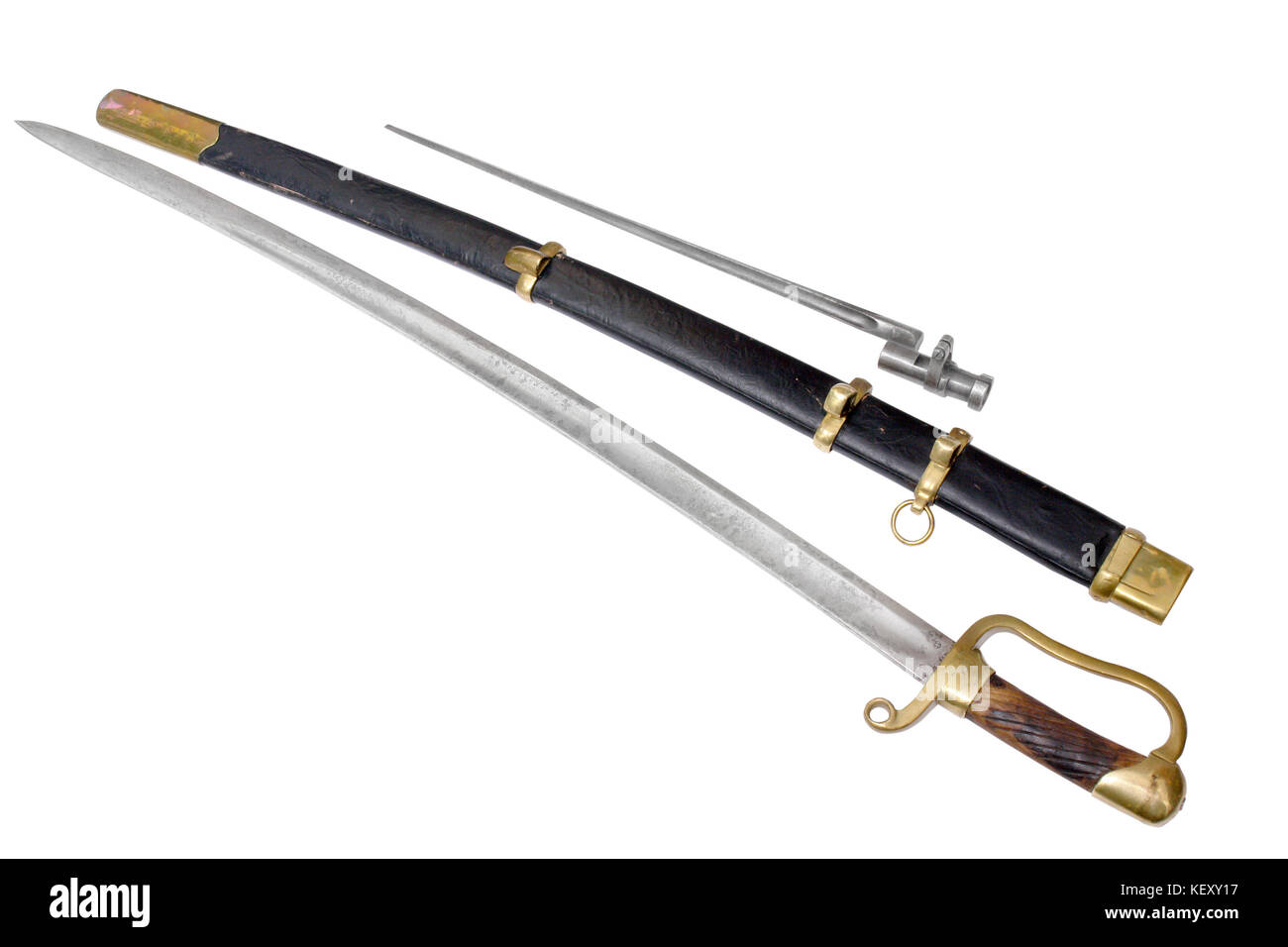 Russian dragoon saber (sabre, cavalry sword). Soldier type. Model 1881. From Civil war time in Russia (1918-1922). Completed with bayonet. Path on whi Stock Photo