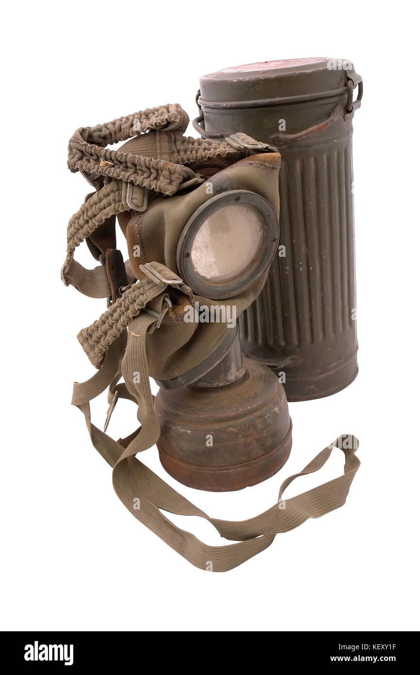 German at the WW2. German gas mask with case. Path on white background. At the WW2 in contrast to the WW1 gas mask practically did not used Stock Photo