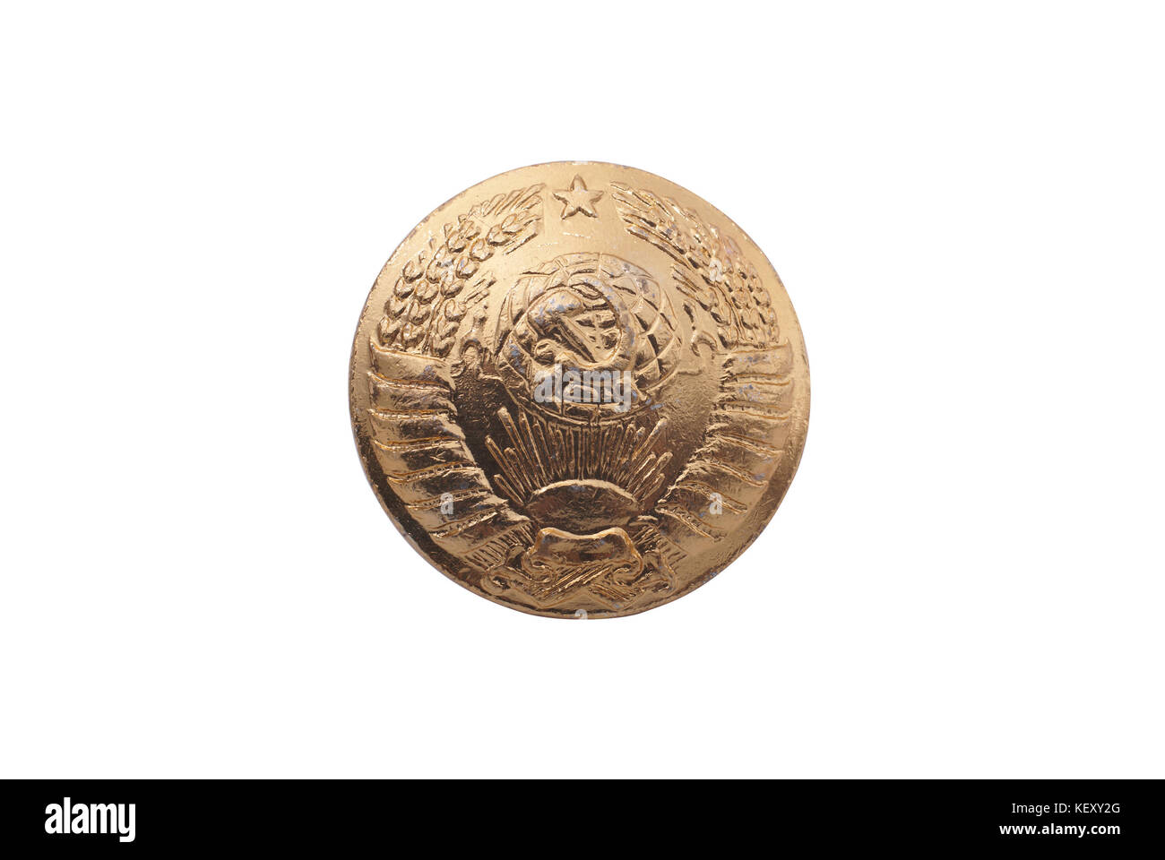 Button from soviet (USSR) army uniform. State Emblem of USSR on golden color button. Path on white background Stock Photo