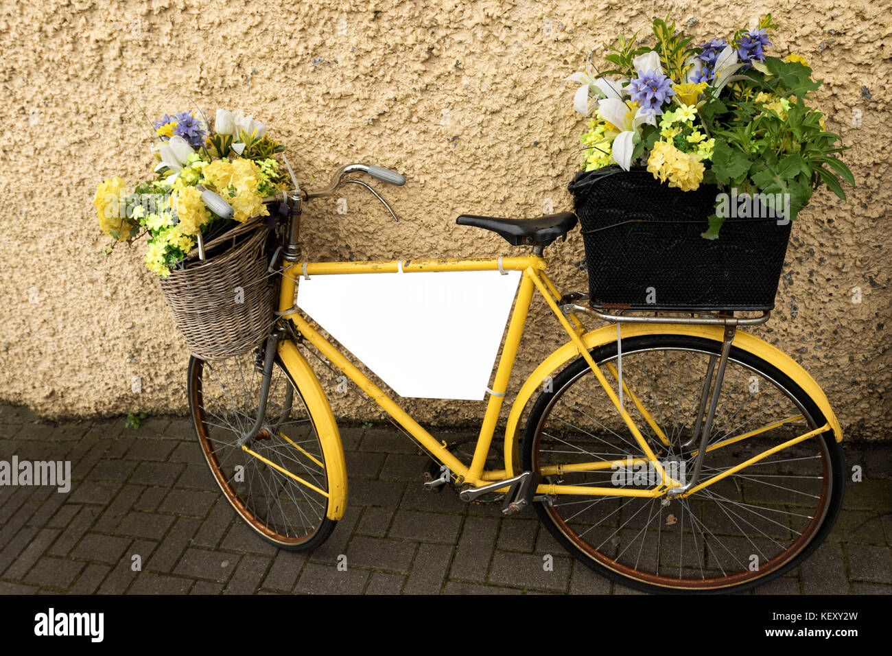 Yellow bicycle with baskets of flowers against yellow wall as