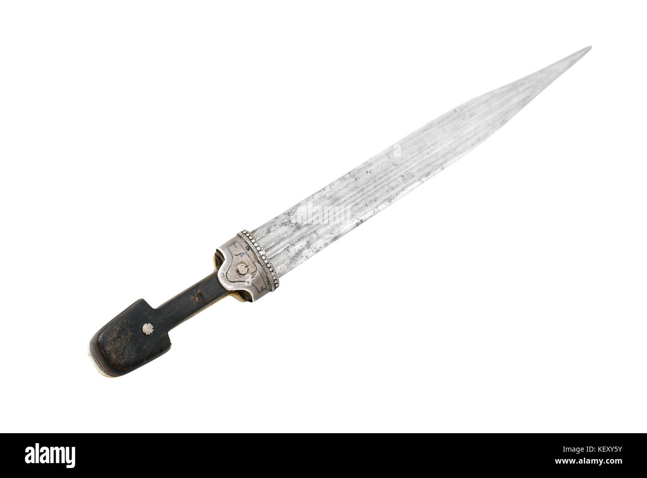 Beautiful example of caucasian dagger with wide blade and silver decoration. The beginning of 20 century (1900-1908). Russia Stock Photo