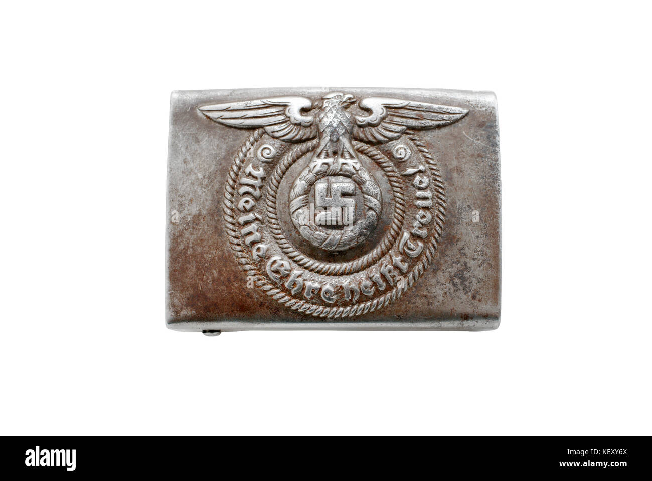 Germany at the Second World War. Only for historical purposes! Buckle of a corp of combat troops (the Waffen-SS) (rank and file). Steel. Path on white Stock Photo