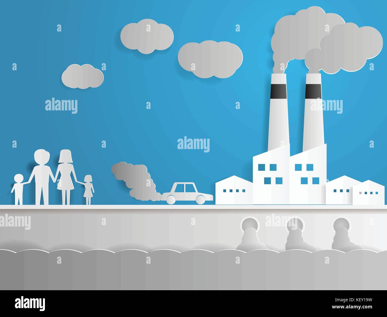 family with air and water pollution with factory paper art vector illustration Stock Vector