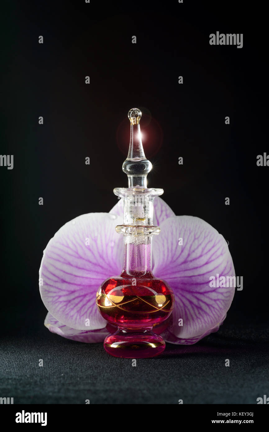 Orchid and perfume bottle Stock Photo