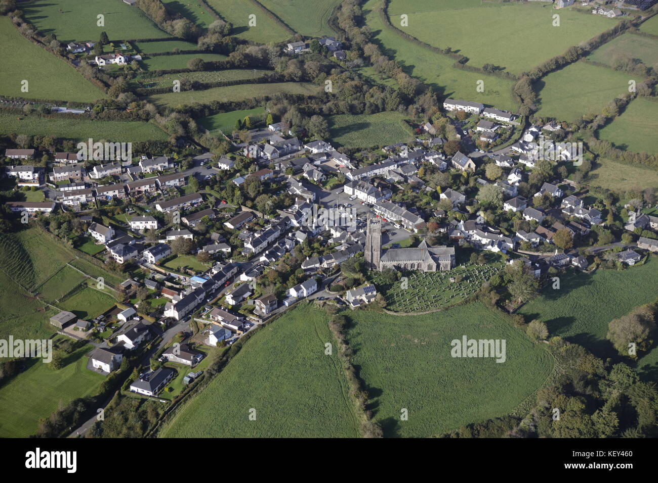 An aerial view of the village of Ugborough and surrounding Devon countryside Stock Photo