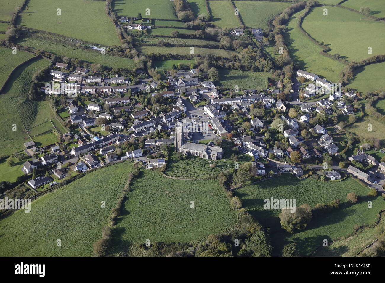 An aerial view of the village of Ugborough and surrounding Devon countryside Stock Photo