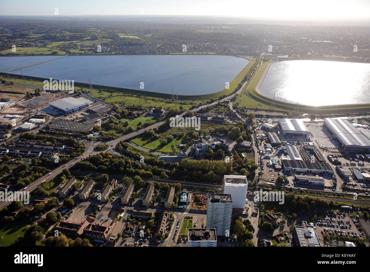 An aerial view of the King George Reservoir in the Lea Valley, East London Stock Photo