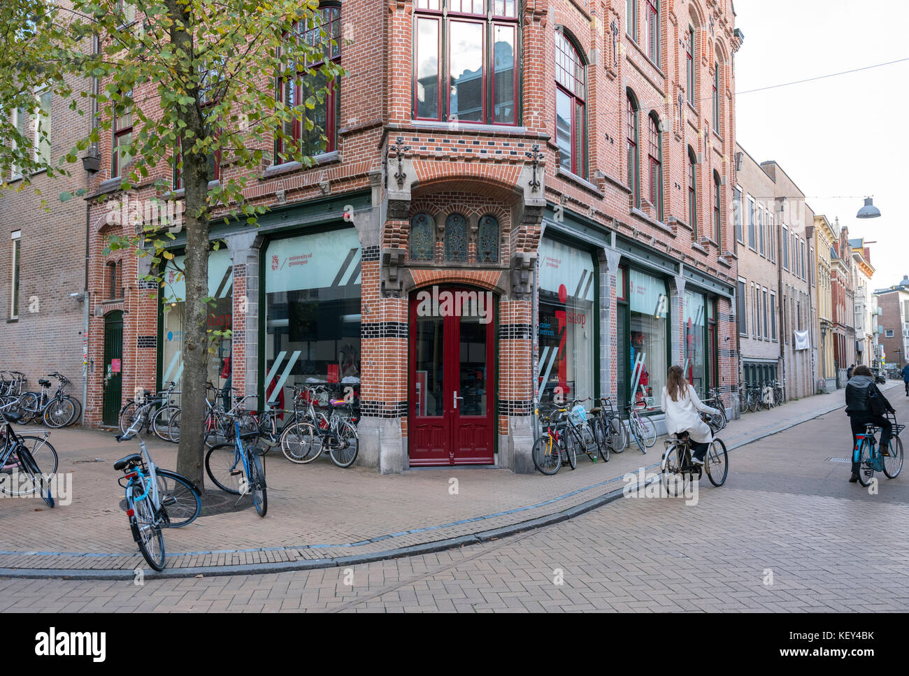 a lot of bicycles near university shop groningen in the netherlands Stock Photo