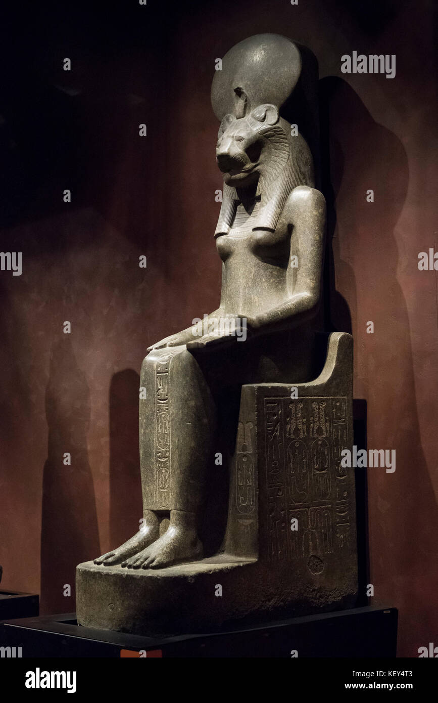 Turin. Italy. Statue of the Egyptian lioness goddess Sekhmet with a sun disk and Uraeus. Museo Egizio (Egyptian Museum) Stock Photo