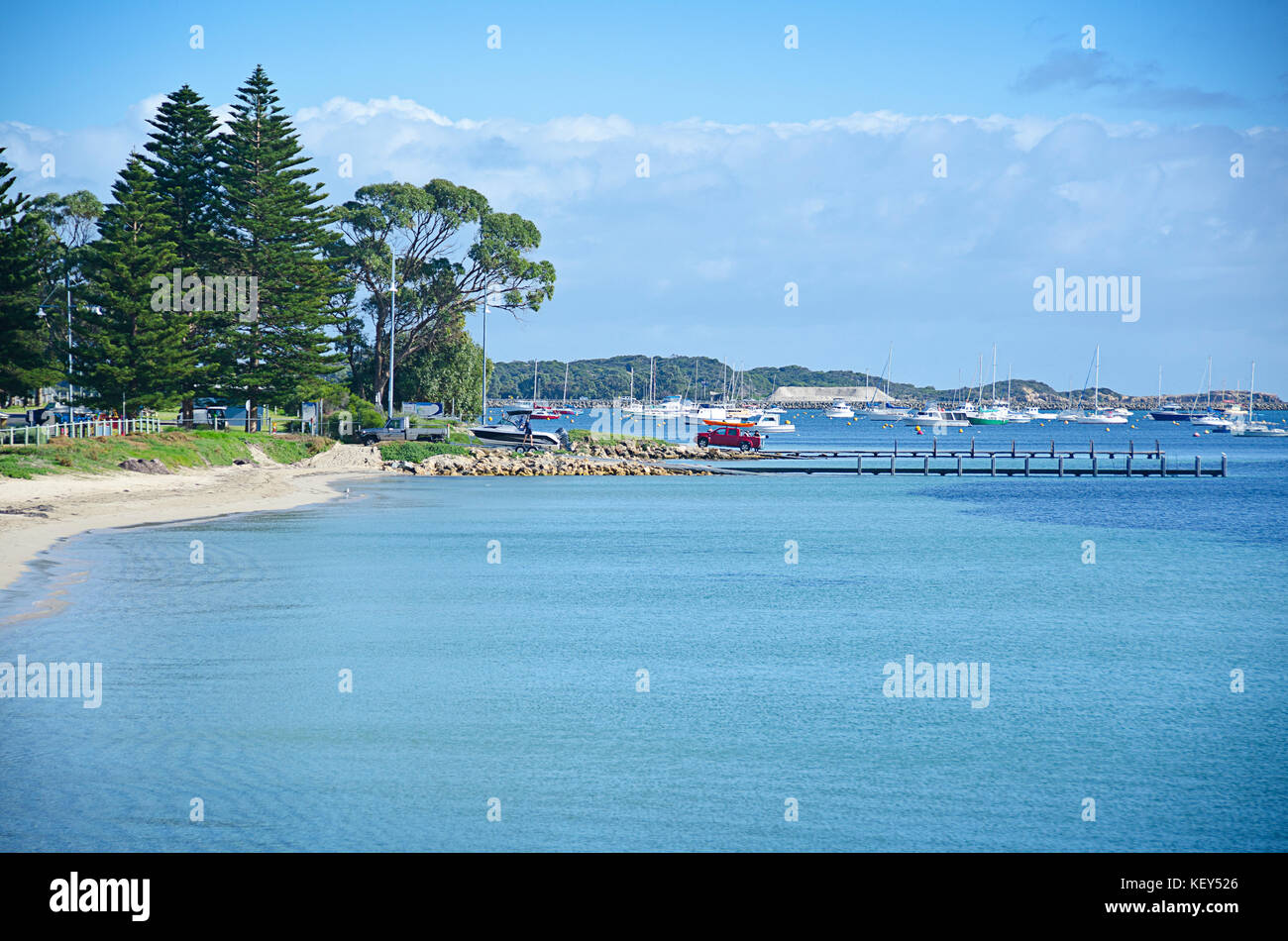 Calm water, white sand beach boat ramps and jetties at Palm Beach, Rockingham, Western Australia Stock Photo