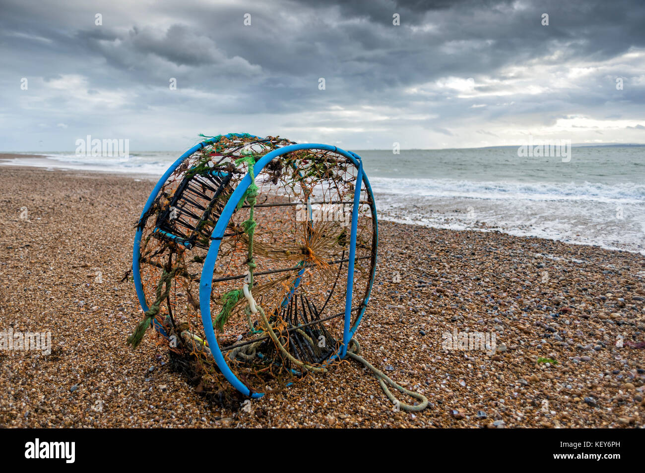 large lobster pot washed up onto Hayling Island beach after high winds and stormy weather out at sea. Stock Photo
