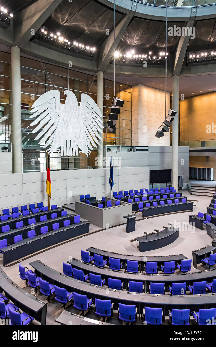 Interior of Plenary Hall (meeting room) of German Parliament (Deutscher Bundestag) Stock Photo