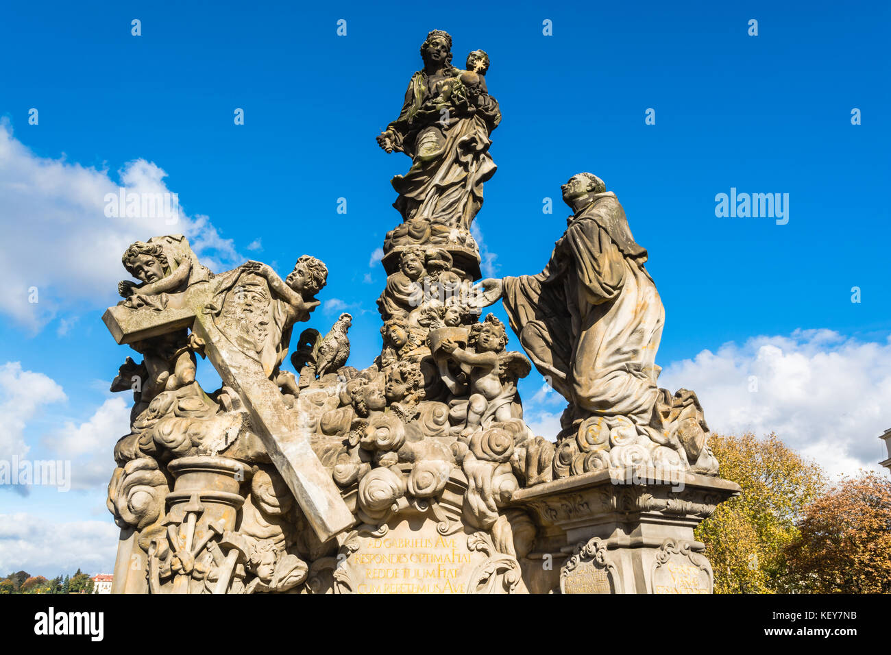 Prague, Czech Republic: Statues of Madonna and Saint Bernard, outdoor sculptures by Matej Vaclav Jackel on the north side of Charles Bridge over the r Stock Photo