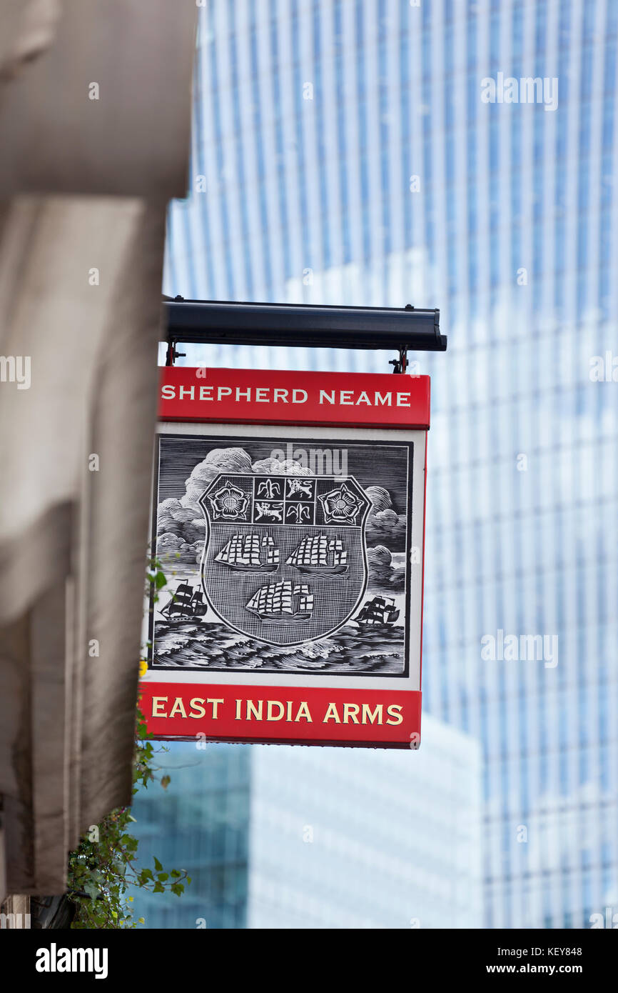 East India Arms Public House and Brewery pub sign, Central London. Stock Photo
