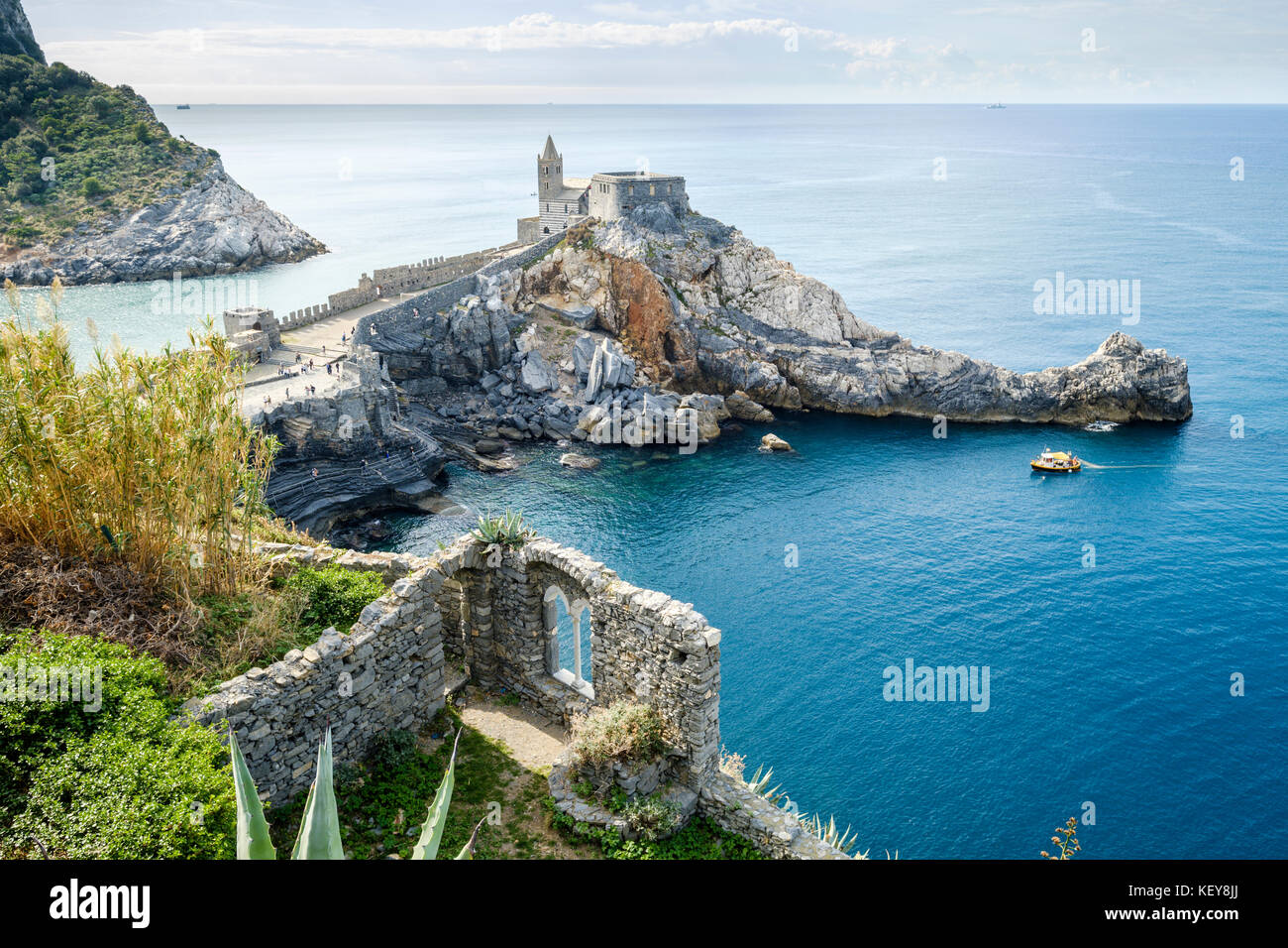 view over Porto Venere with the Church of St. Peter and Byron Grotto, Liguria, Italy Stock Photo