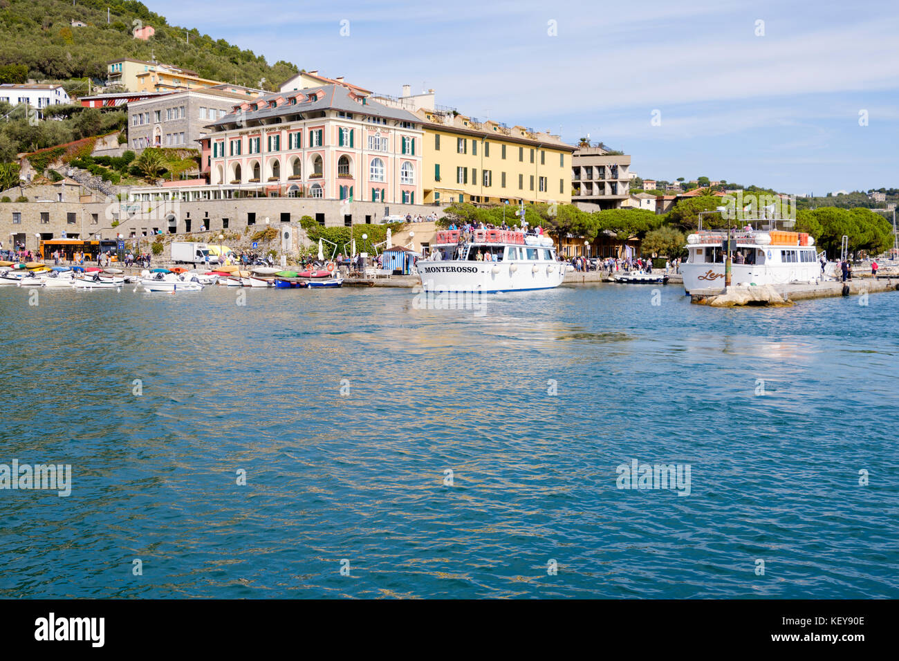 Porto Venere Harbour with the Grand Hotel, Liguria, Italy Stock Photo