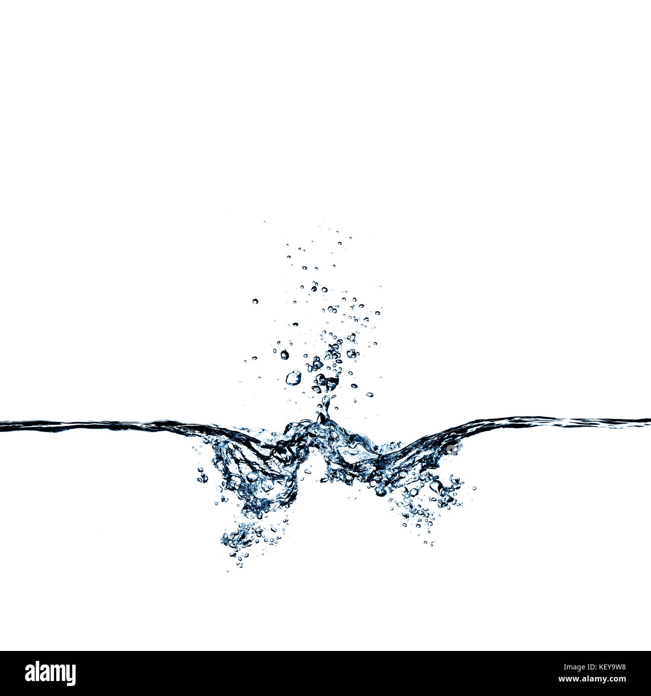 Blue water splash, water drops and bubbles isolated on white Stock