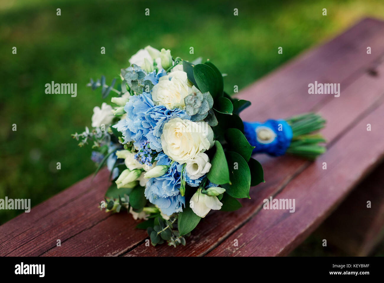 beautiful blue and white fresh flowers wedding bouquet. Wedding