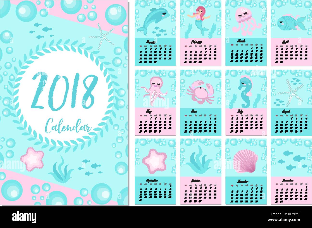 Sea Life Week Calendar 2018 in marine style, sea life. Week starts from monday ...