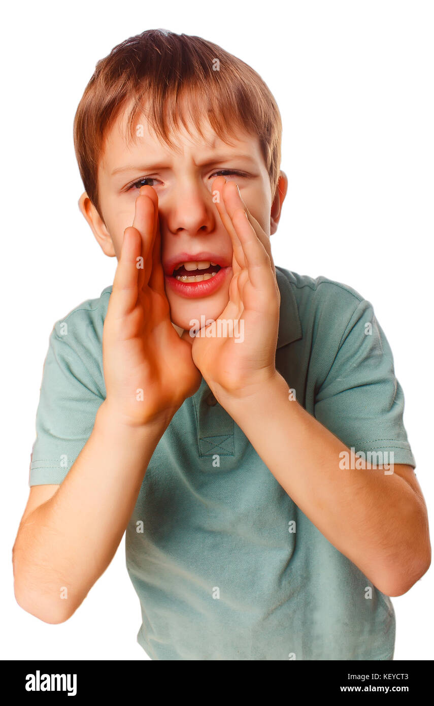 boy screaming at the mouth, hands isolated on white background Stock Photo