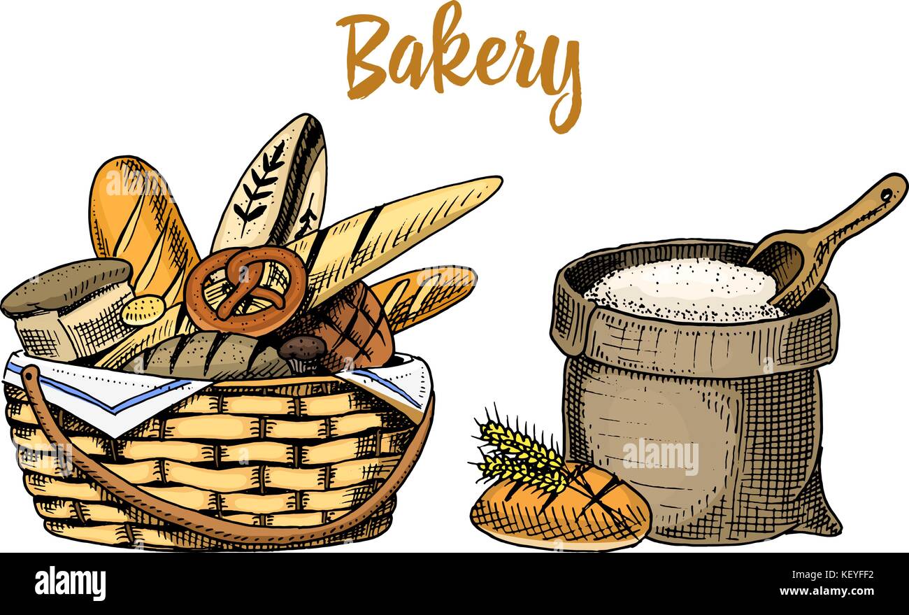 bread and long loaf and pastry. engraved hand drawn in old sketch and vintage style for label and menu. assortment of bakery shop. organic background. bag with flour or basket with food. Stock Vector