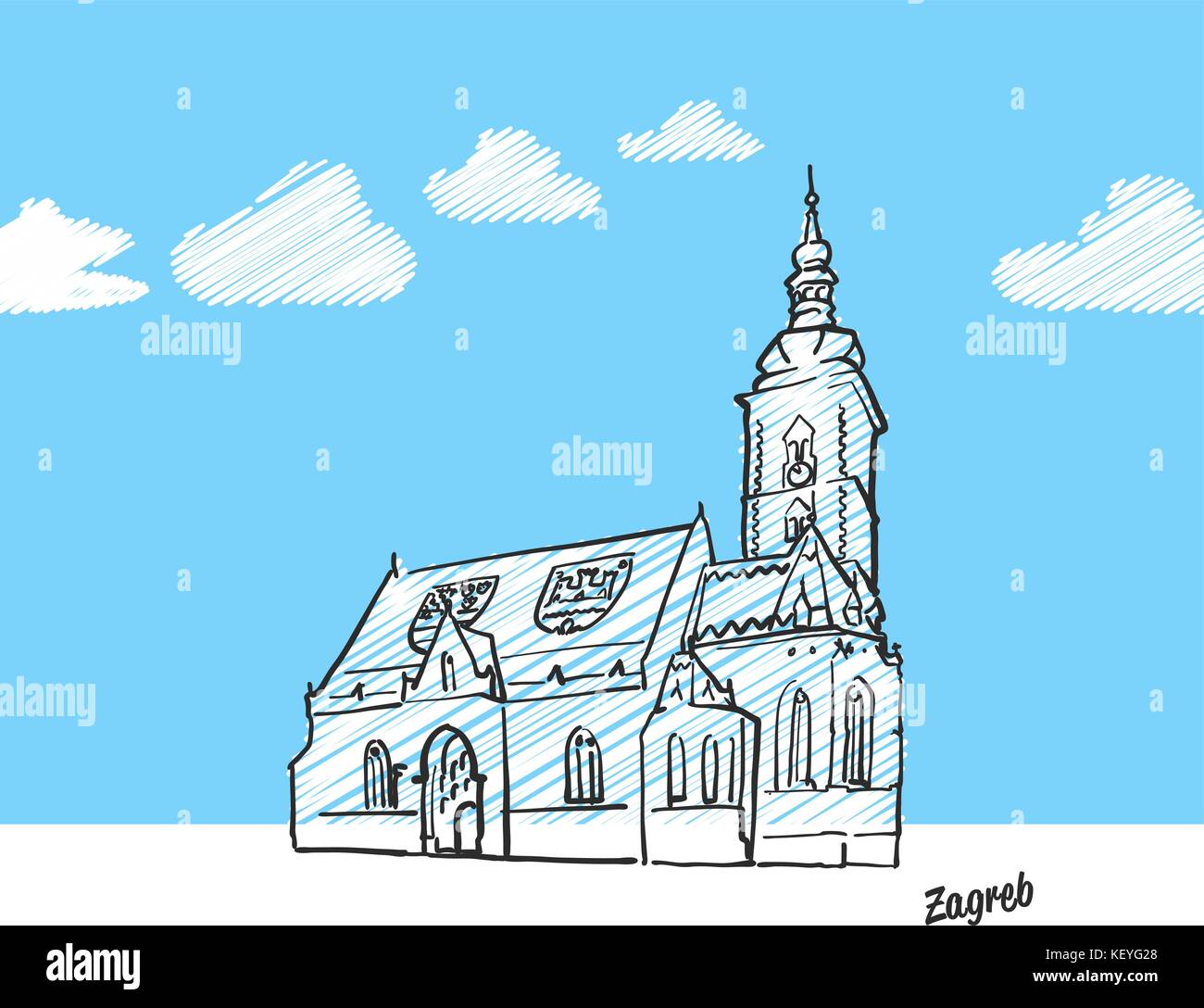 Zagreb, Croatia famous landmark sketch. Lineart drawing by hand. Greeting card icon with title, vector illustration Stock Vector